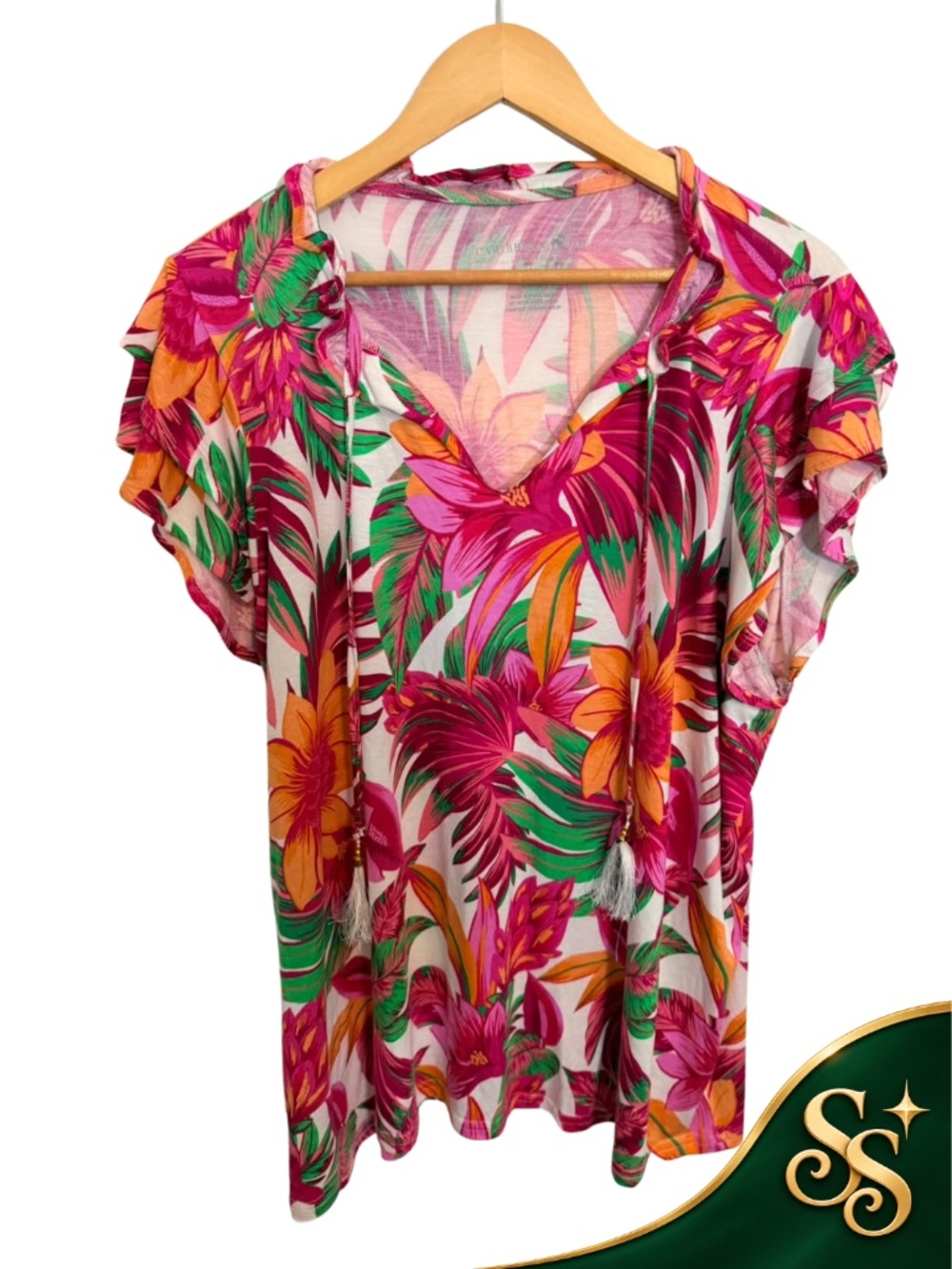 Blouse Caribbean Joe 1X Floral Tropical Pink Orange Green Tassel Plus Size